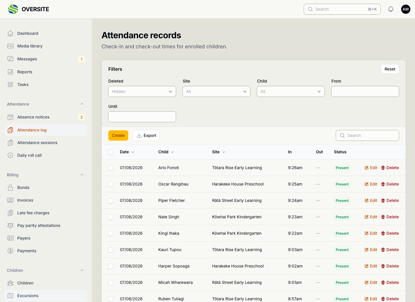The Attendance log listing individual attendance records with each child's name, site, and the times they were signed in and out.