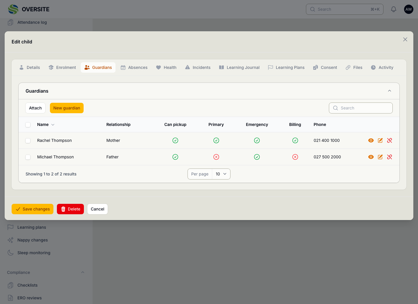 The Guardians tab of the same child, listing their mother and father with the relationship, and separate ticks for who may collect them, who is the primary contact, who to ring in an emergency and who can see the billing.