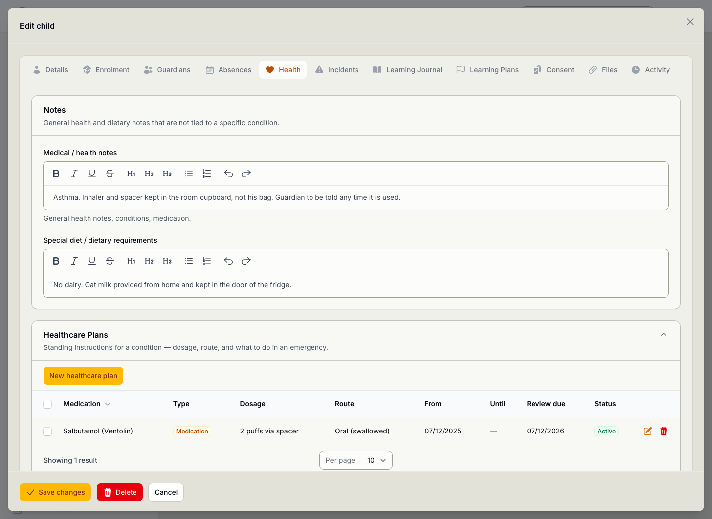 The Health tab of the same child, with a note about asthma and where the inhaler is kept, a dairy-free dietary requirement, and a healthcare plan for Salbutamol recording the dosage, route and review date.