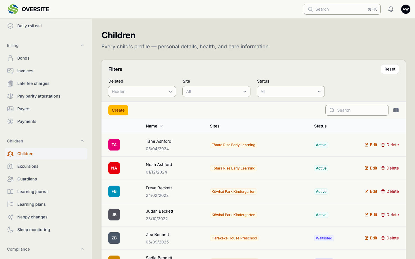 The Children list, where each child's profile carries their health, dietary and immunisation details alongside their enrolment.