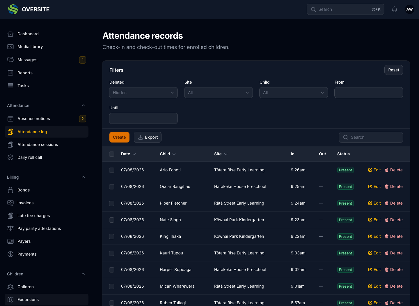 The Attendance records screen in dark mode, showing the same check-in and check-out trail across every home-based educator, with the centre each child is attached to.