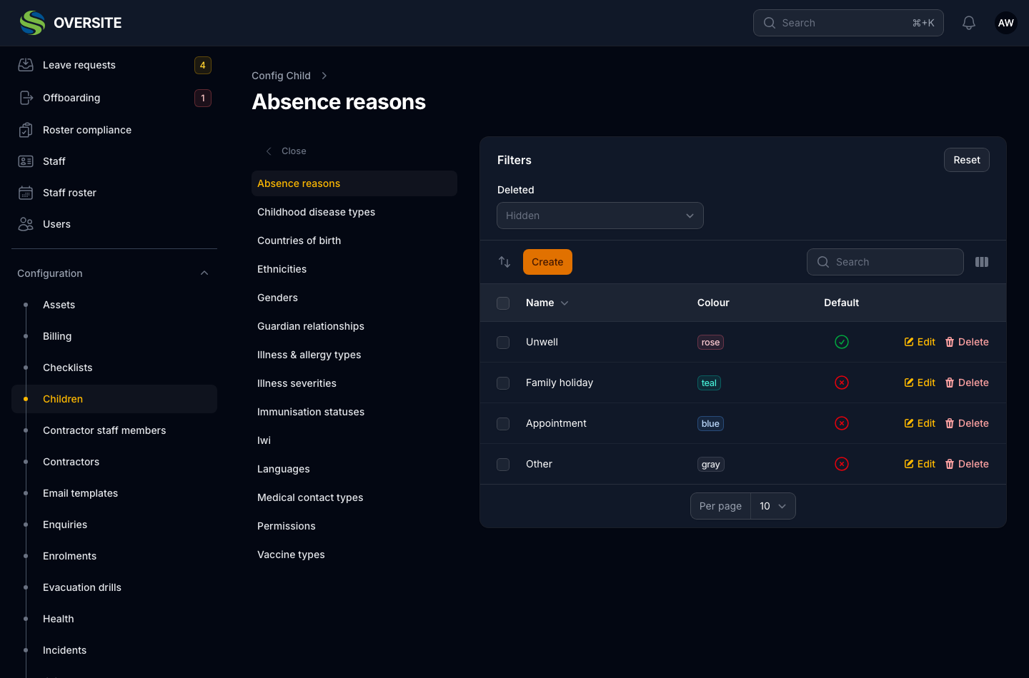 A configuration screen in dark mode showing the Children config group with its lookup tables listed, among them absence reasons, ethnicities, immunisation statuses, iwi and languages, beside an editable table of absence reasons with colours and a default flag.