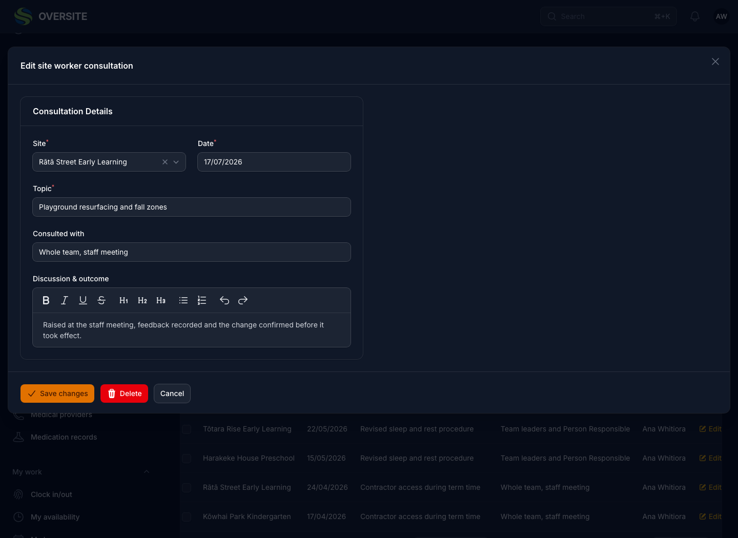 A worker consultation open for editing in dark mode, showing the site, the topic discussed, the date it happened, who was consulted and the notes taken at the time.