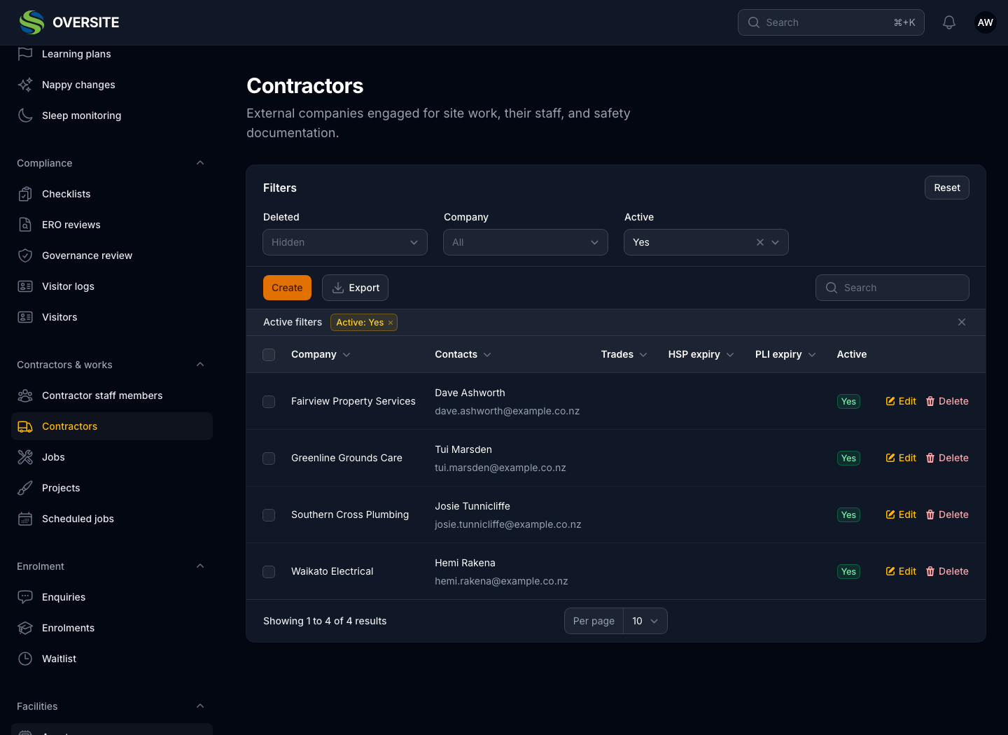 The Contractors list in dark mode showing four contracting companies with their contact person, trades, health-and-safety and public liability expiry dates, and active status.