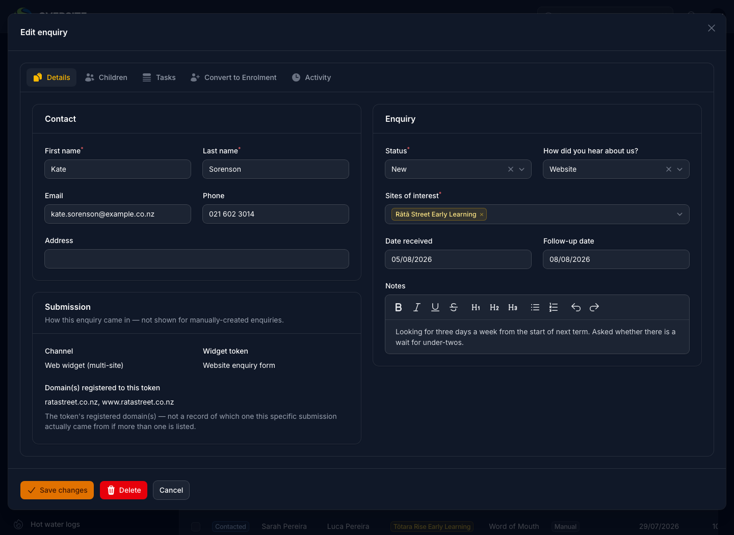 An enquiry open for editing in dark mode, with the family's contact details, status, source, the centre of interest, the follow-up date and the note they left, alongside a panel recording how the enquiry reached you.