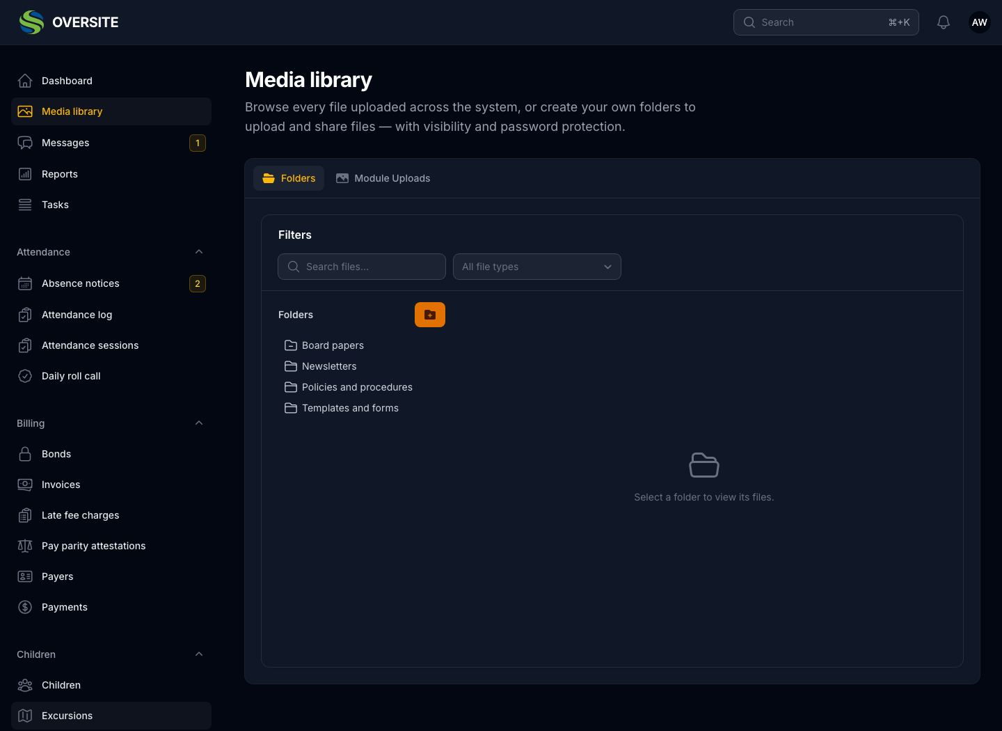 The Media library in dark mode showing folders of documents held for the organisation, each with how many files it contains and who can see it.