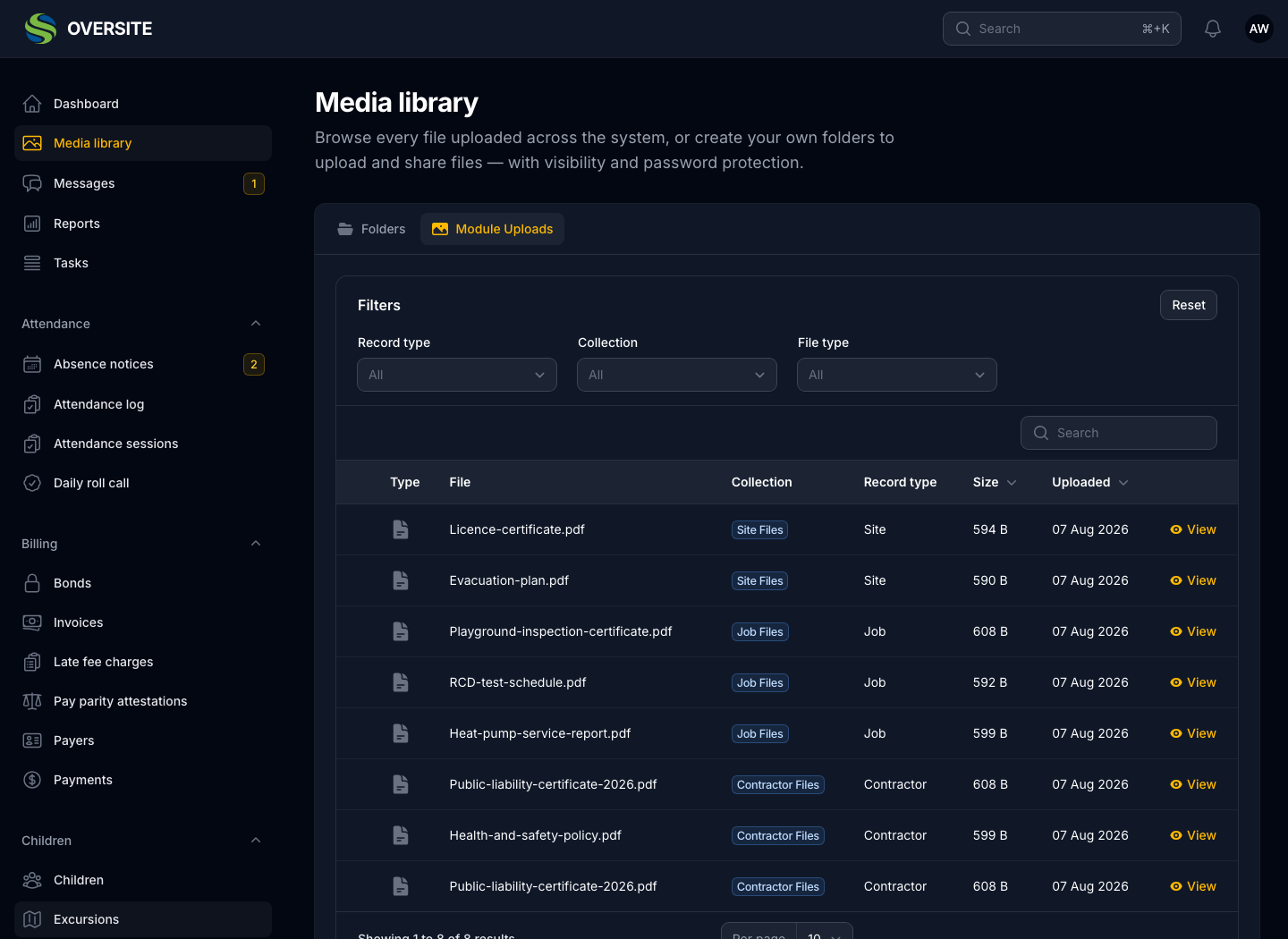 The Media library's module uploads view in dark mode, listing files uploaded against records elsewhere in the system with the module they came from and when.