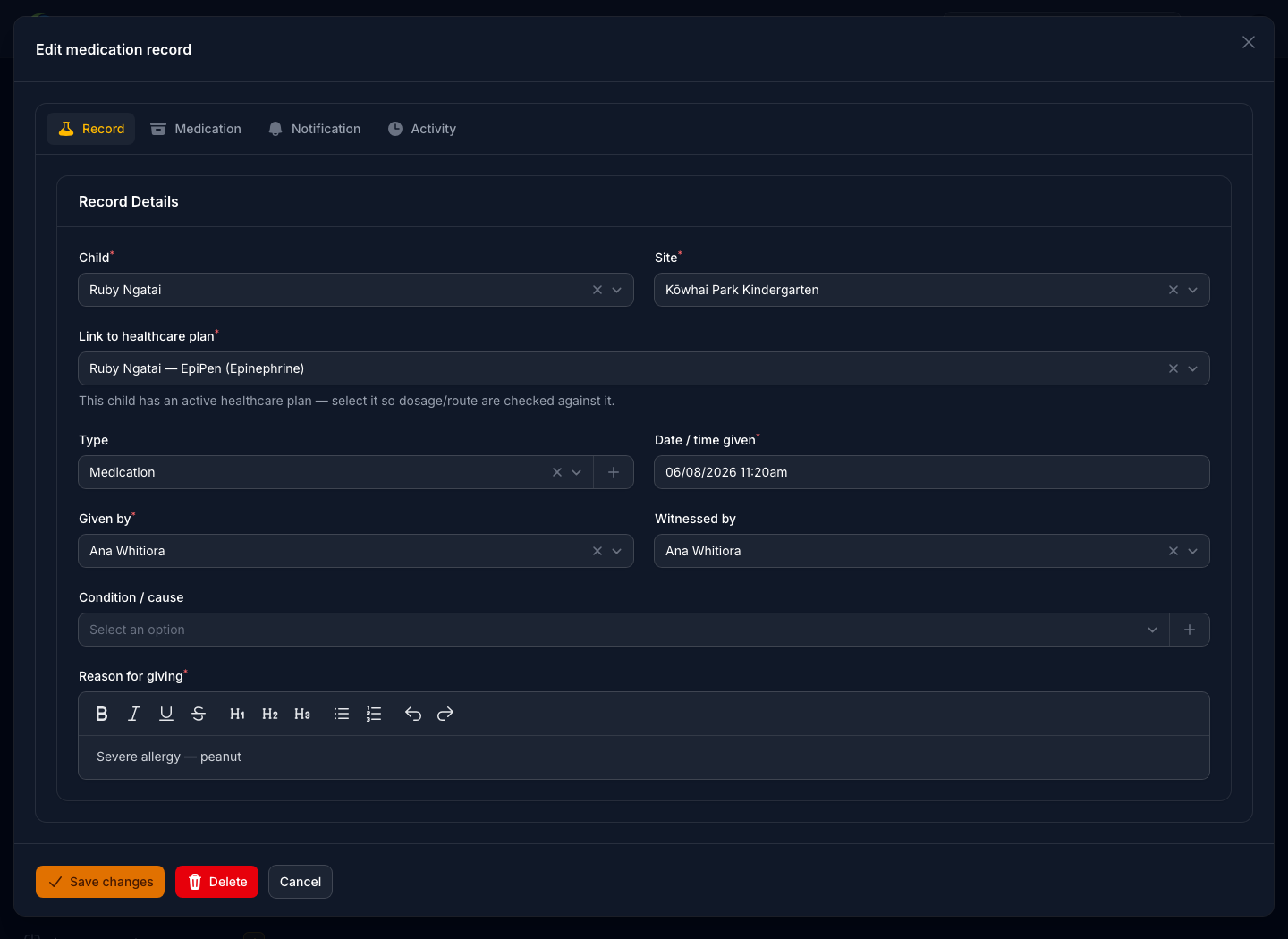 A medication record open for editing in dark mode, showing the child, the medication and dose given, the time, who administered and witnessed it, and whether the guardian has been told.