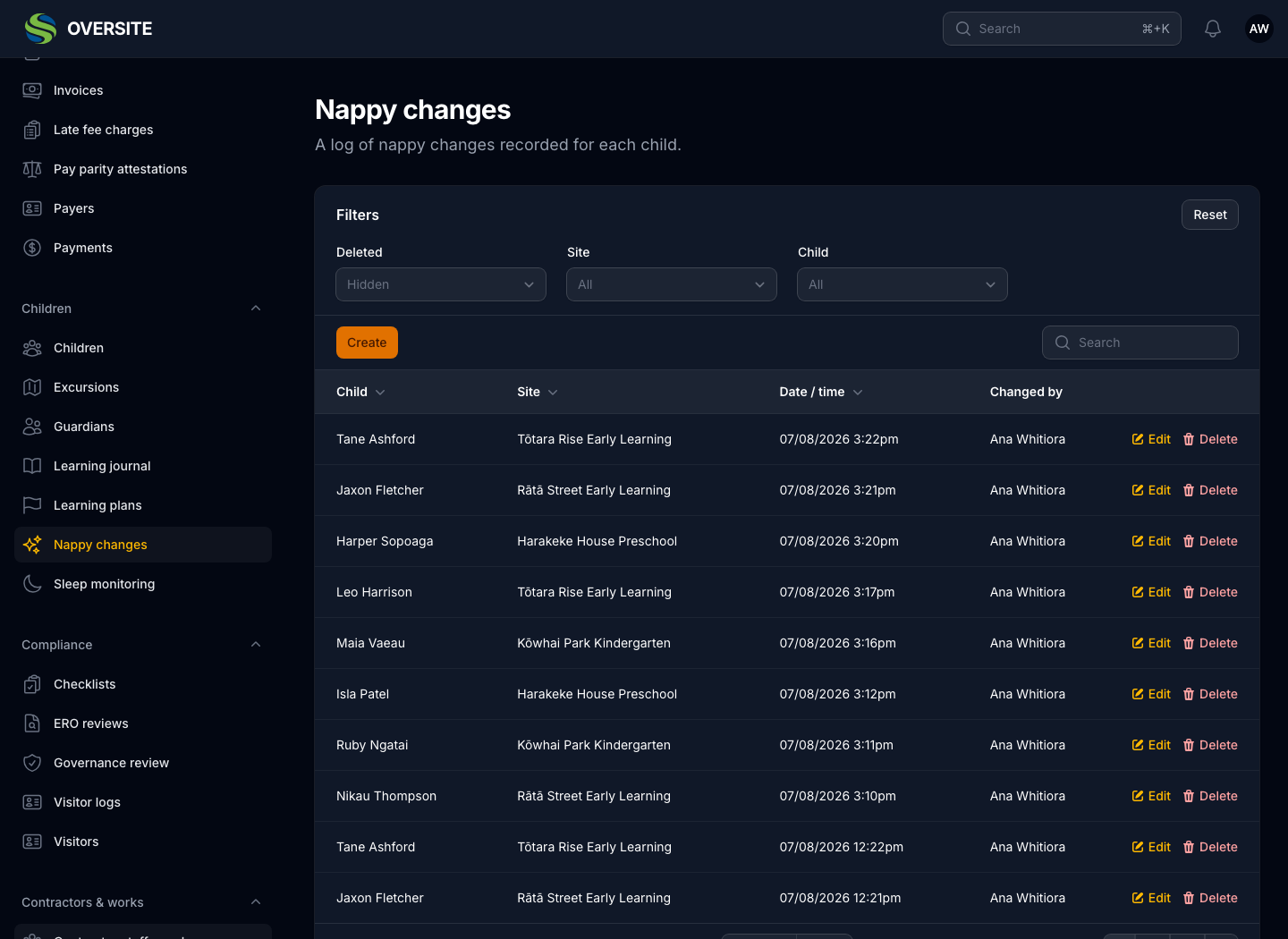 The Nappy changes screen in dark mode, listing changes through the day with the child, the site, the time and the educator who recorded it, with notes where something needed passing on.