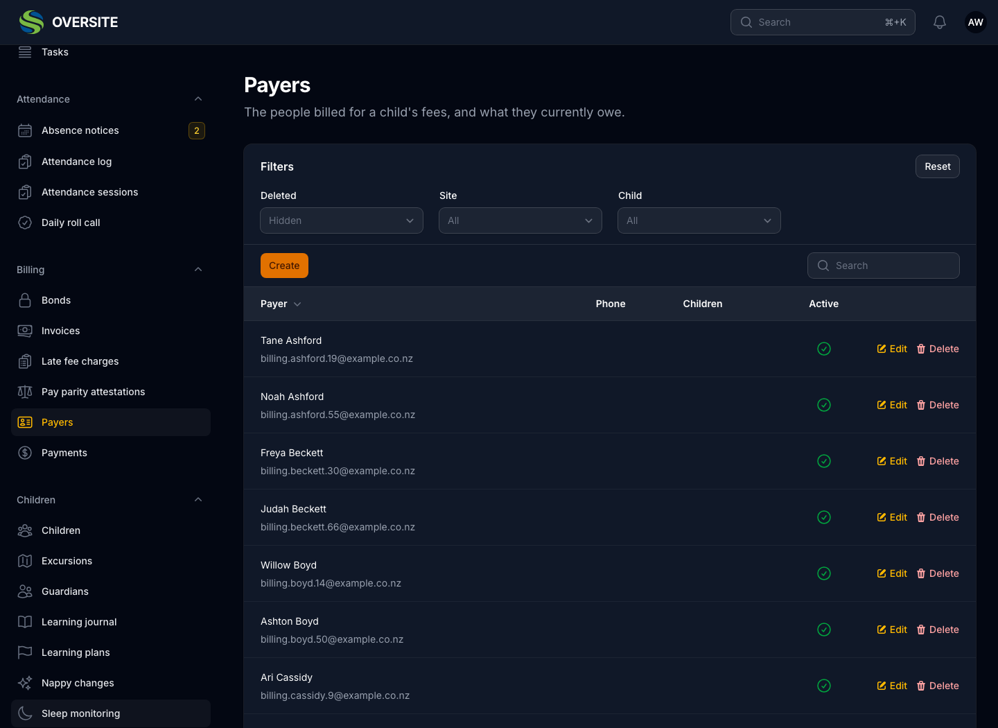 The Payers list in dark mode, showing the people responsible for paying, with their contact details and the site their child attends.