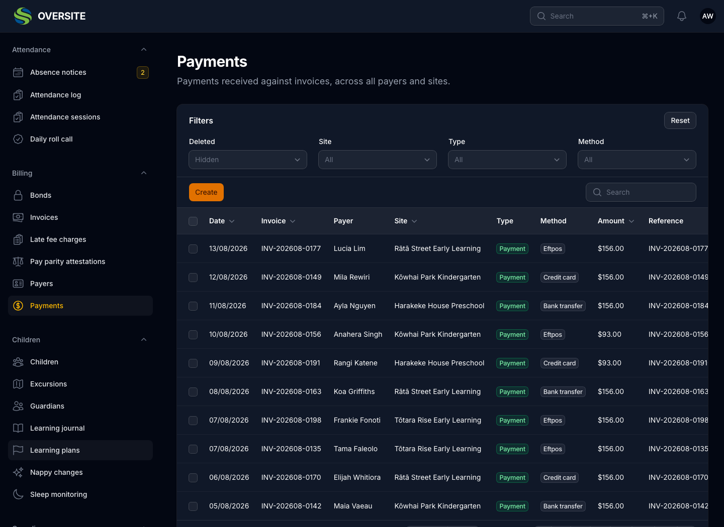 The Payments screen in dark mode, listing payments received against invoices across every payer and site, with the date, invoice number, payer, centre, type, method and amount.