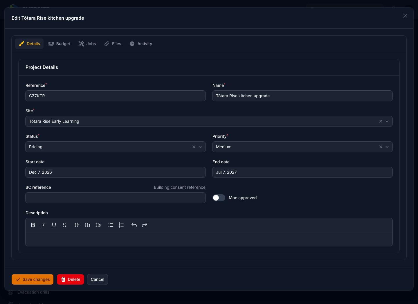 A project open for editing in dark mode, showing the centre, the status and priority, the budget set against the actual cost so far, and the dates the work runs between.