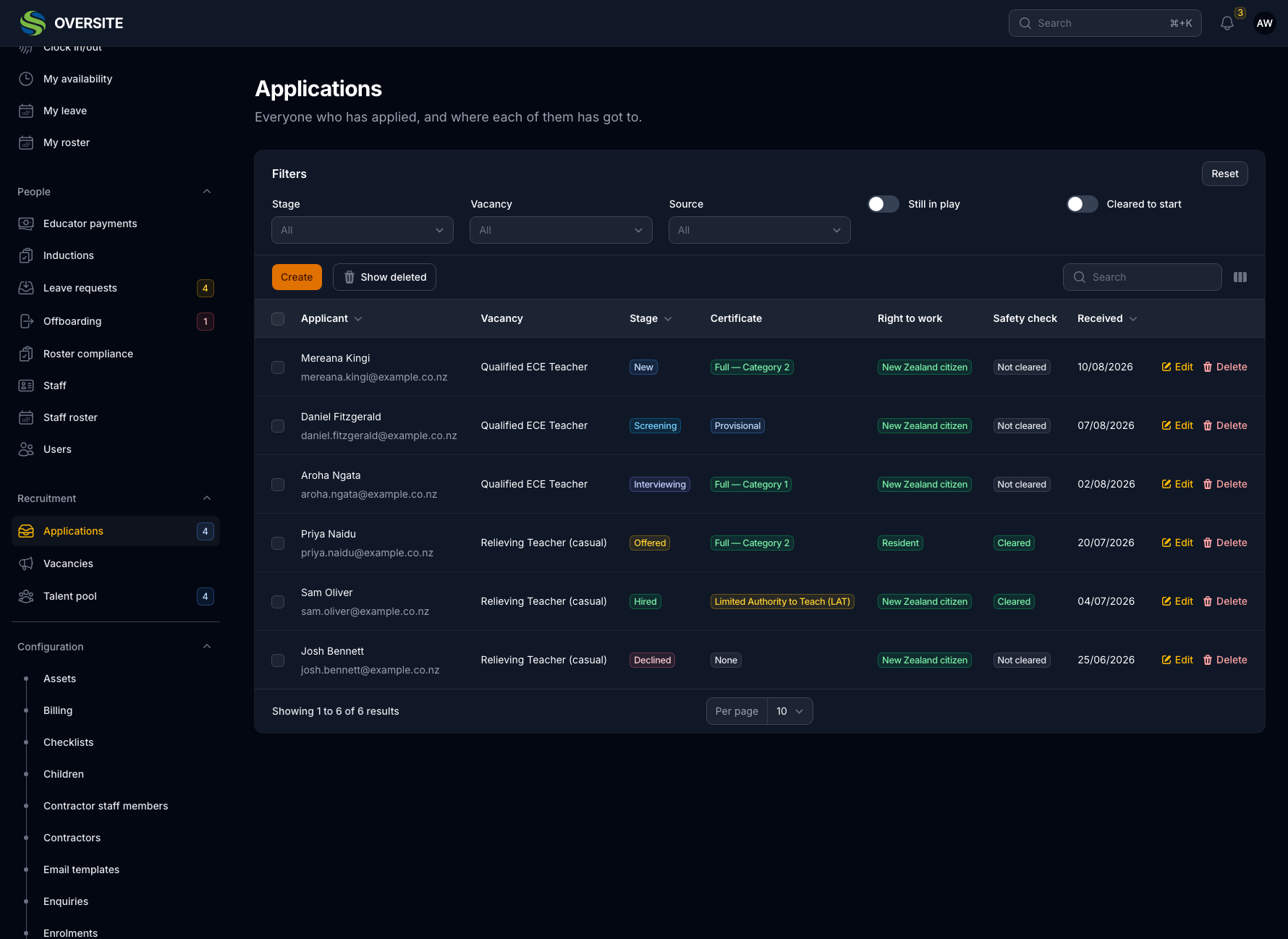 The Applications list in dark mode showing six applicants with their vacancy, stage, teaching certificate type, right to work and safety check status.