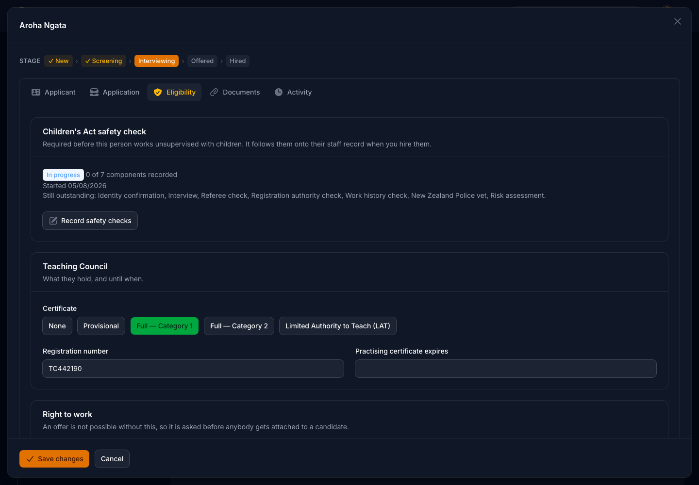 An applicant's Eligibility tab in dark mode showing the Children's Act safety check part-way through, listing what is still outstanding: identity confirmation, interview, referee check, registration authority check, work history check, police vet and risk assessment.