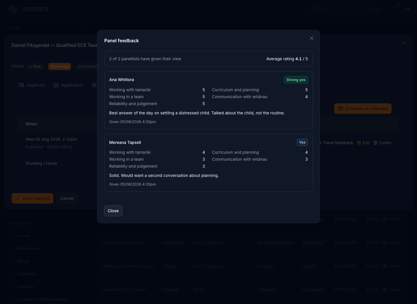 The panel feedback dialog in dark mode showing both panellists, their ratings out of five against each interview criterion, their overall recommendation and their written comments.