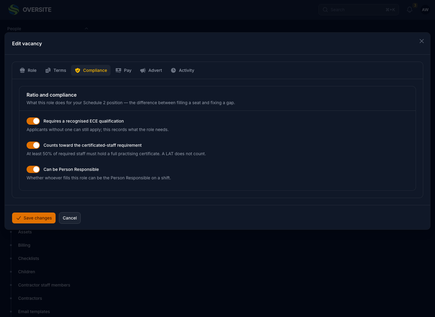 A vacancy open on its Compliance tab in dark mode, with switches for whether the role requires a recognised ECE qualification, counts toward the qualified ratio, and can be Person Responsible.