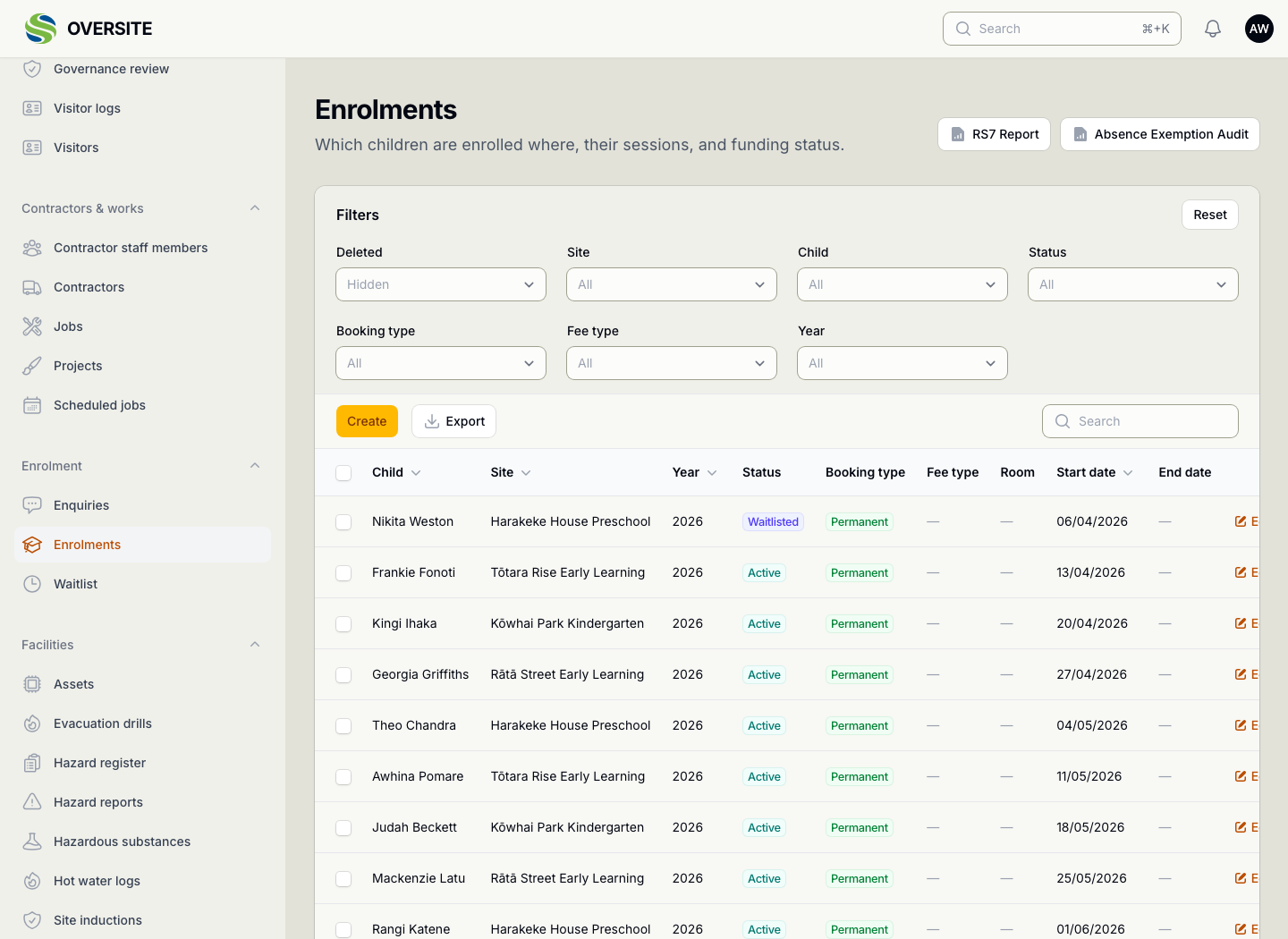The Enrolments screen showing which children are enrolled at which centre, their year, status, booking type and start date, with buttons for the RS7 return and the absence exemption audit.