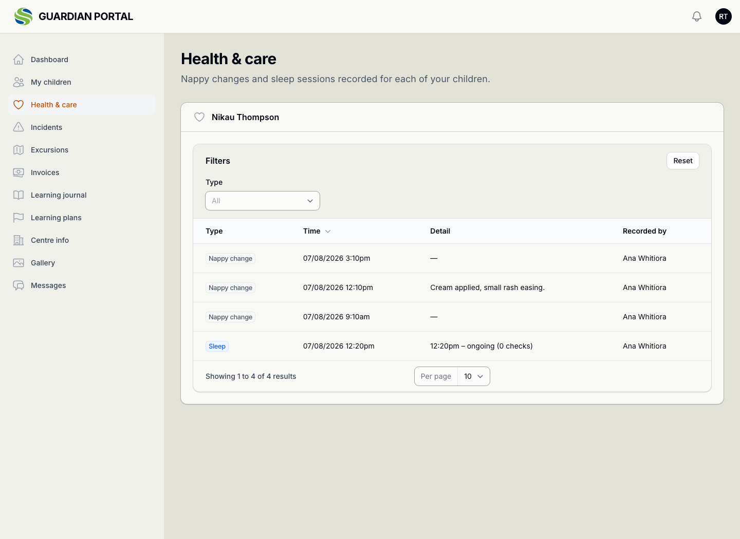 The guardian portal's Health and care screen, listing the day's recorded care for the family's child so they can check what is held is right.