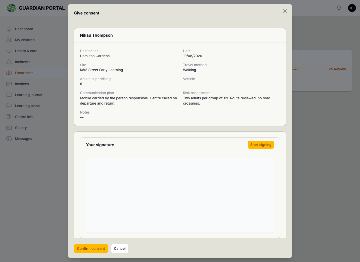 An excursion consent form in the guardian portal, showing the destination, date, centre, travel method, how many adults are supervising, the communication plan and the risk assessment, above a signature pad and a Confirm consent button.