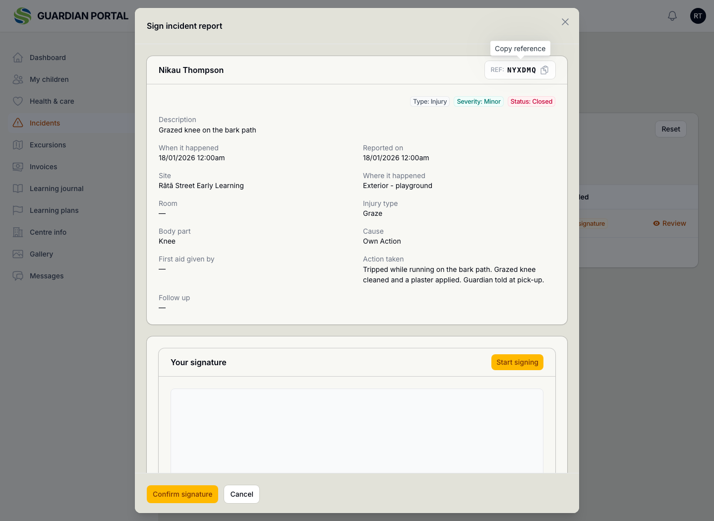 An incident report open for signing in the guardian portal, showing the child, the reference, type, severity and status, what happened and where, the injury and body part, the action taken, and a signature pad with a Confirm signature button.