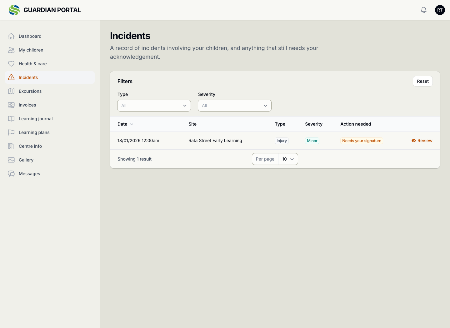 The guardian portal's Incidents screen, listing an incident involving the family's child with its date, severity and whether it still needs their signature.