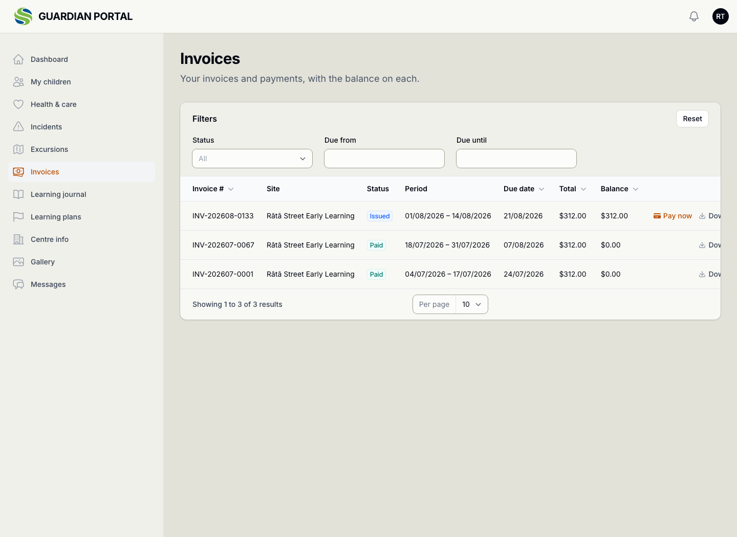 The guardian portal's Invoices screen listing three fortnights: the current one issued with its balance still to pay and a Pay now button, and two earlier ones settled at zero, each with its period, due date, total and a download.