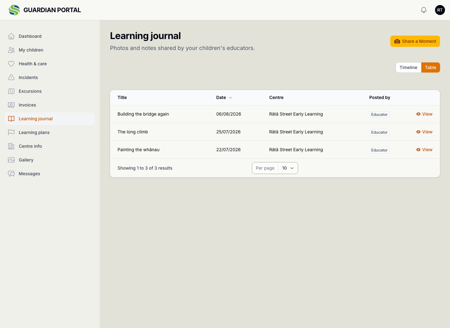 The same Learning journal switched to the table view, listing each entry as a row with its date, title and strands.