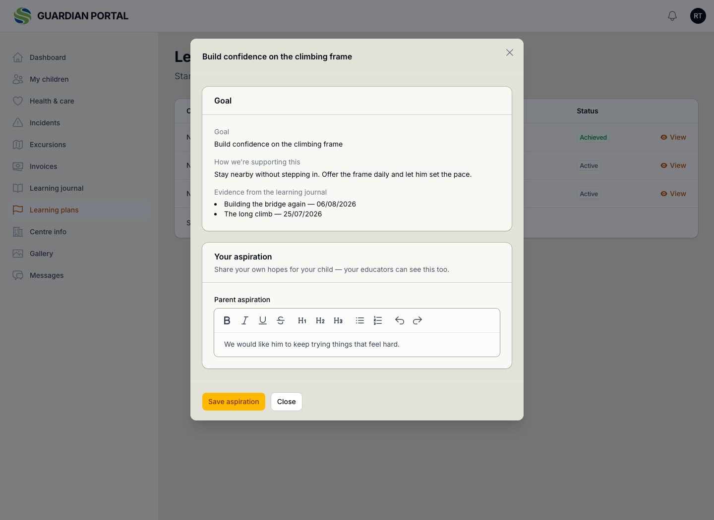 The same plan opened by the family in the guardian portal, showing the goal, how educators are supporting it, and a box where the family writes their own aspiration for their child.