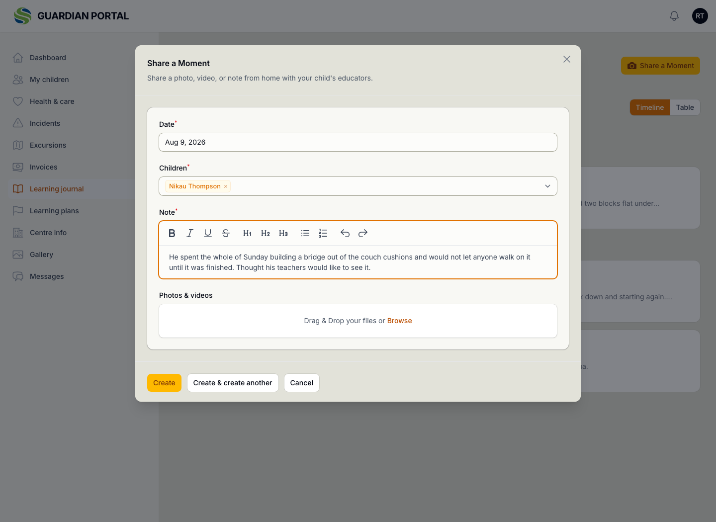The Share a Moment form open in the guardian portal, with the date, the child chosen, a note written by the family about a weekend at home, and a place to attach photos or video.