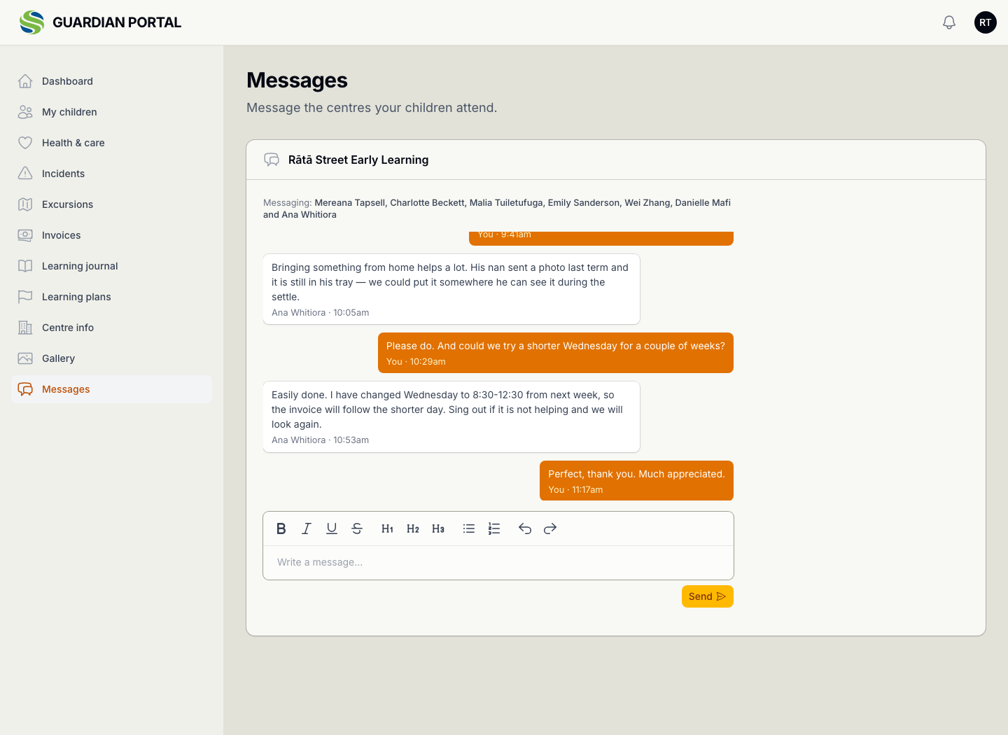 The same thread as the family sees it in the guardian portal, with their own messages marked You, the educator named on theirs, and a note listing which staff at the centre can read the conversation.