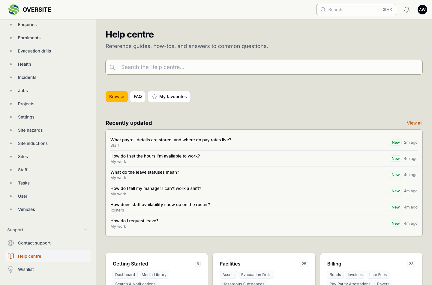 The Help centre inside Oversite, with a search box, Browse and FAQ tabs, a Recently updated list of articles, and categories such as Getting Started, Facilities and Billing with article counts.