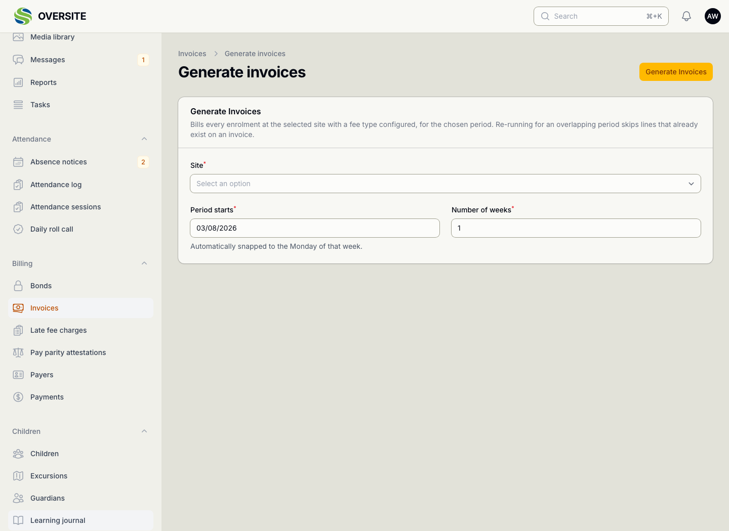 The Generate invoices screen, which bills every enrolment at the chosen centre that has a fee type configured, for a chosen period, noting that re-running for an overlapping period skips lines already invoiced.
