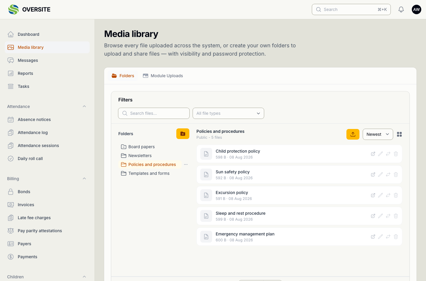 The Media library's Folders view with the Policies and procedures folder open, listing the child protection policy, sun safety policy, excursion policy, sleep and rest procedure and emergency management plan, each with its size and date.