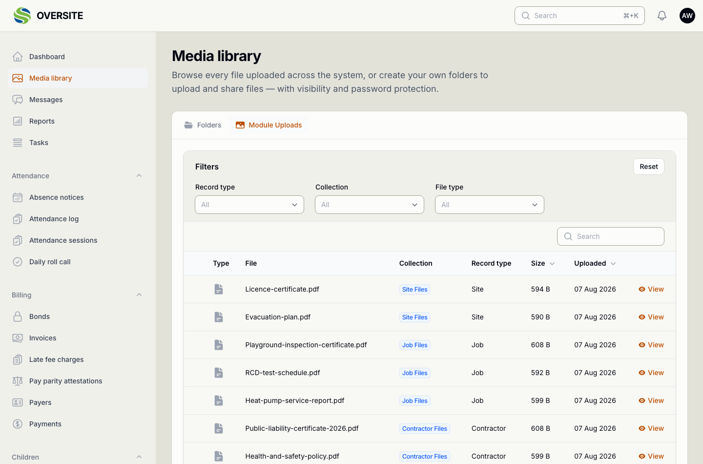 The Media library's module uploads view, where finance documents such as statements and certificates are held alongside every other file in the system.