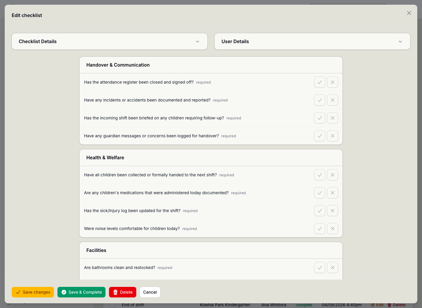 A completed checklist submission open, showing the checklist used, the centre, who completed it, when it was finished and the answers recorded against each question.