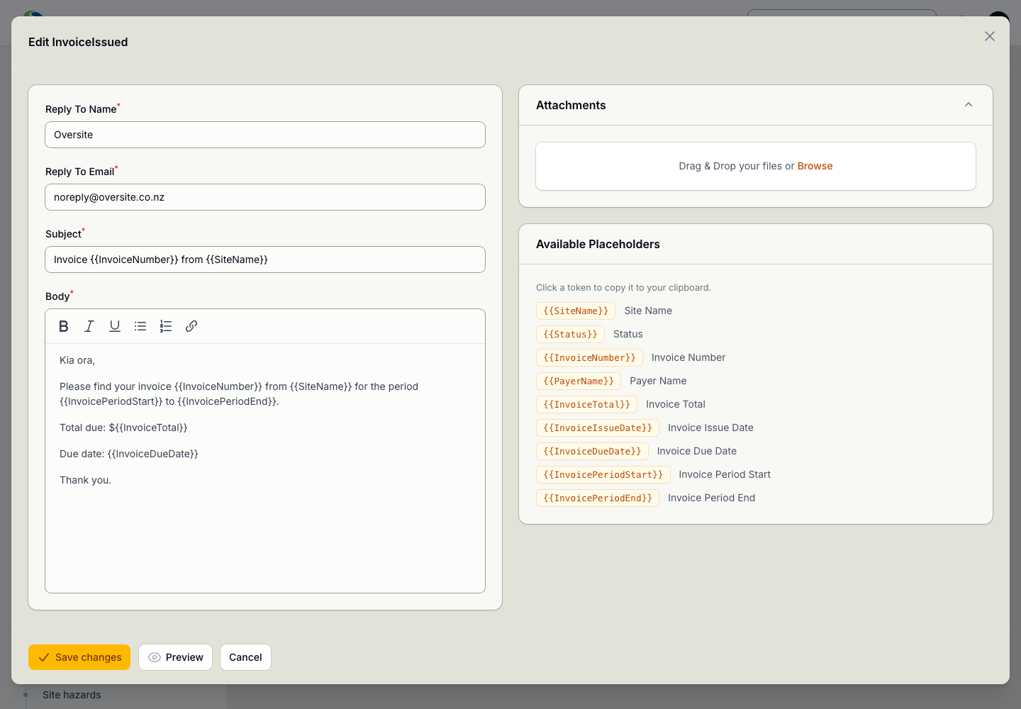 The Invoice issued email template open for editing, with a subject line built from the invoice number and site name merge fields, a body using those same fields, and a panel listing nine available placeholders such as Payer Name, Invoice Total and Invoice Due Date, each clickable to copy.