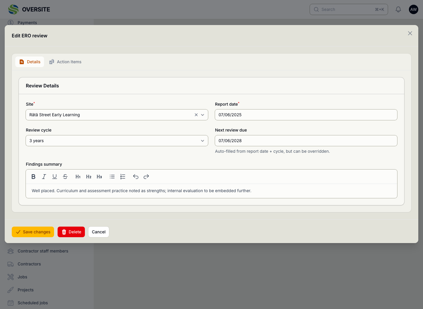 An ERO review open for editing, showing the site, the date of the last review, the length of the cycle, the resulting next-due date and the findings recorded against it.