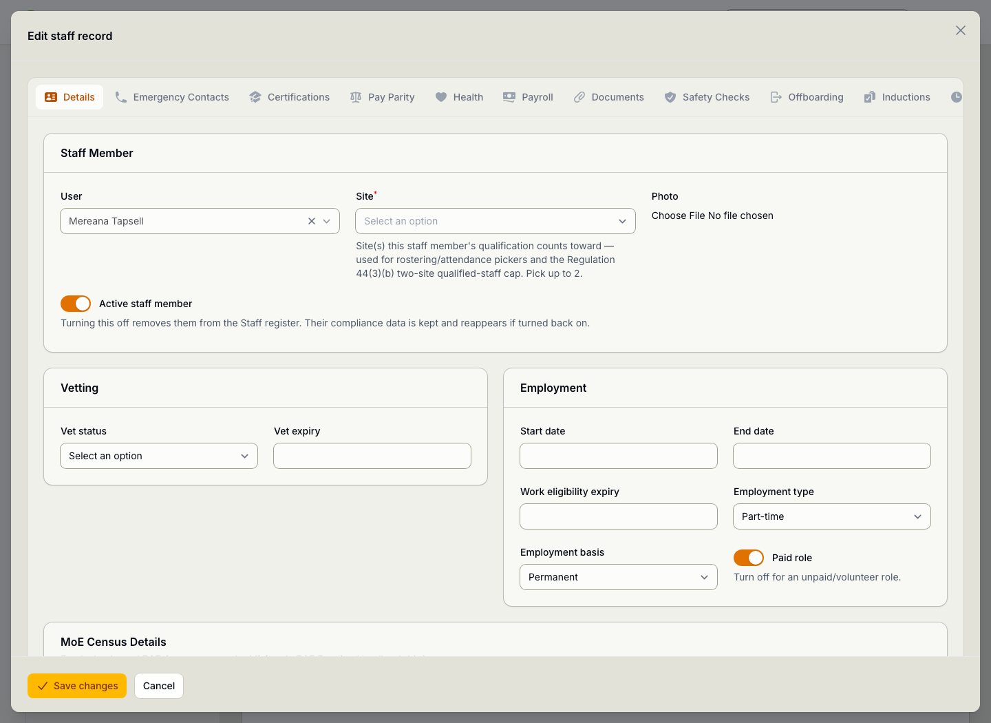 A staff record open for editing, with tabs for the different parts of the record, showing personal details, the sites they work at and their role.