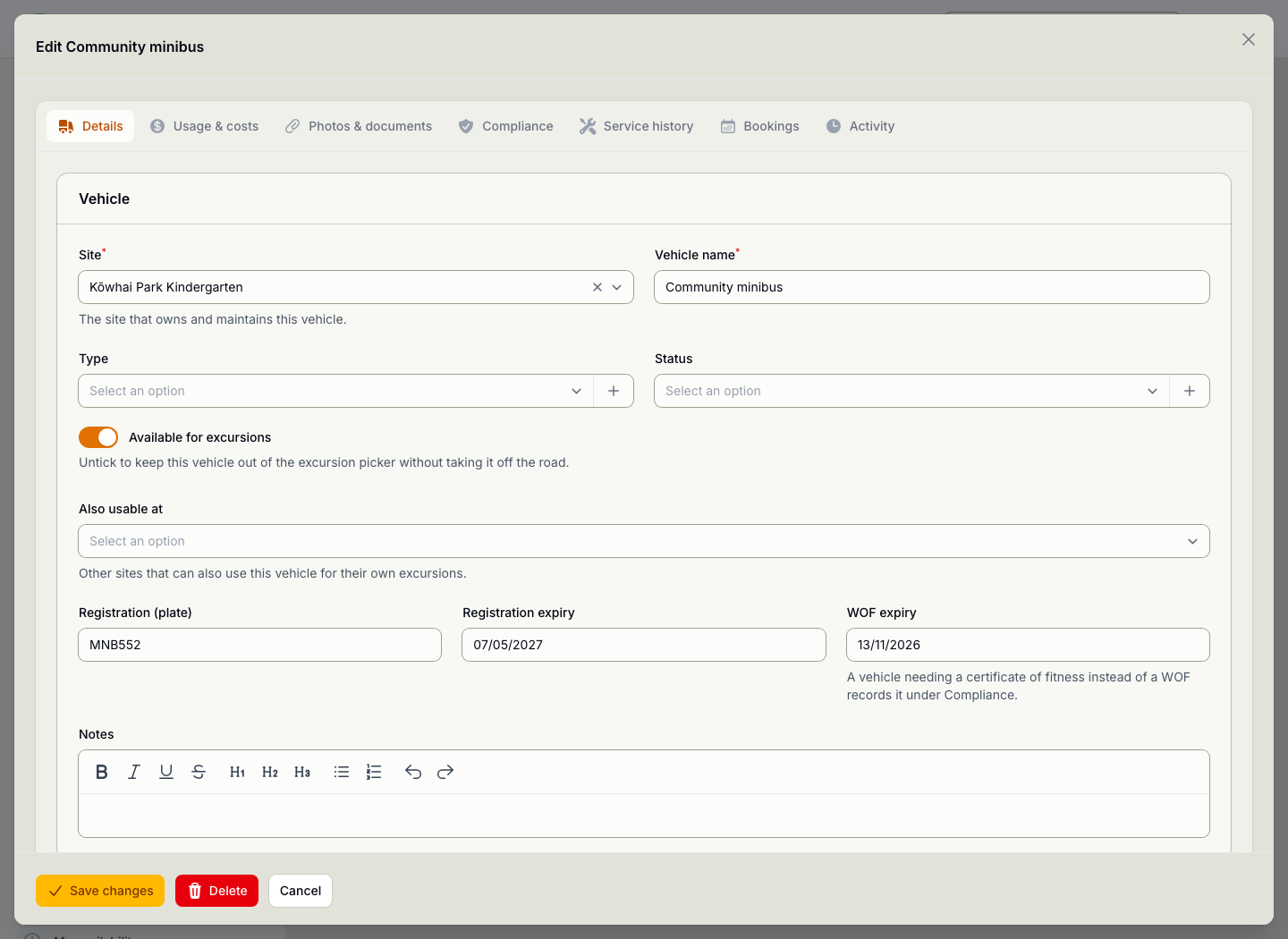 A vehicle record open for editing, showing its registration, warrant of fitness and registration expiry dates, seats and whether it is available for excursions.