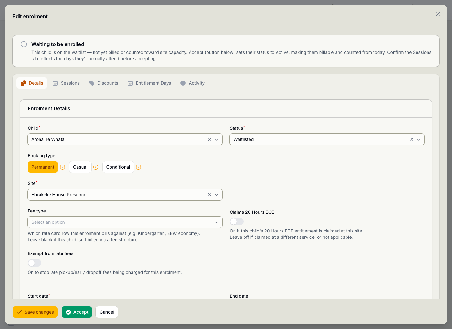 A waitlisted enrolment open for editing, headed by a note explaining the child is not yet billed or counted toward capacity, with tabs for sessions, discounts and entitlement days, a booking type of permanent, a 20 Hours ECE toggle, and an Accept button that makes the place live.