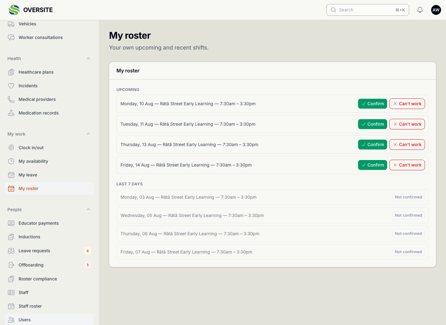 The My roster screen, showing an individual staff member their own upcoming shifts.