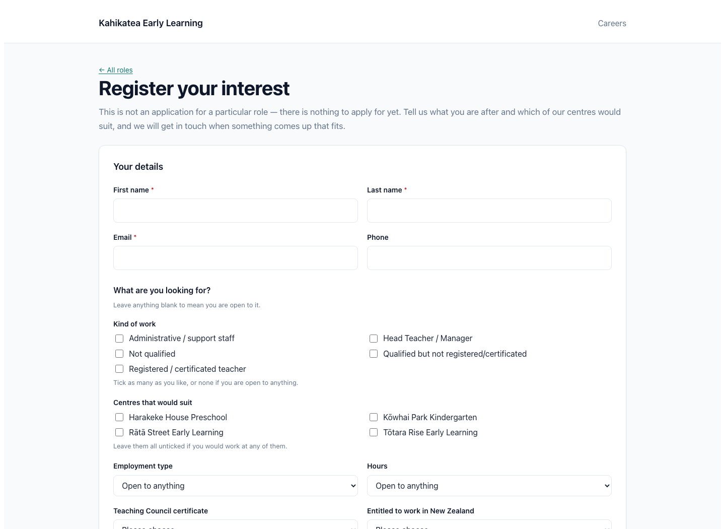 The register-interest form on the careers page, for somebody who wants to be told when a suitable role opens.
