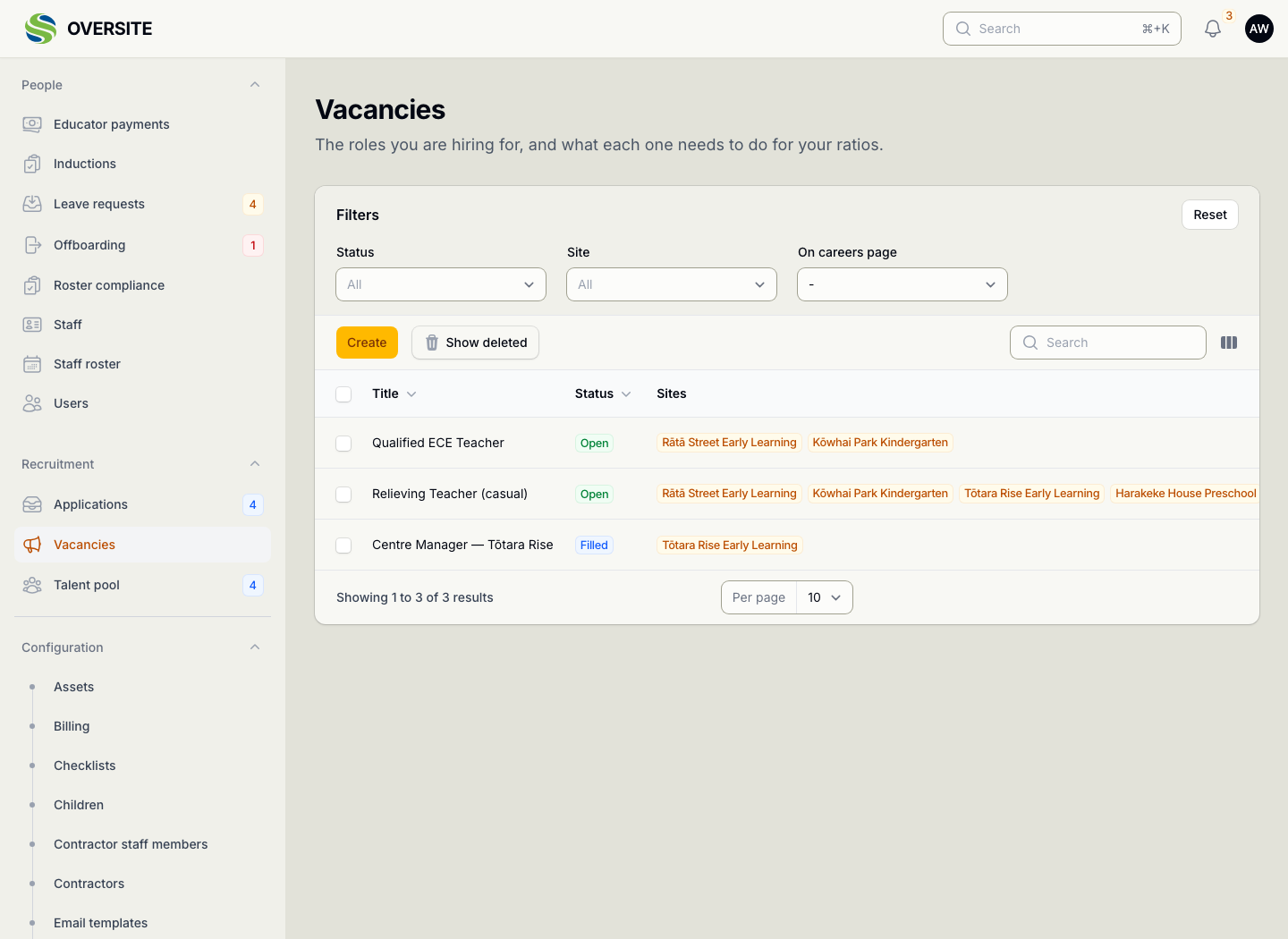 The Vacancies list showing three roles with their status and the centres each one covers.