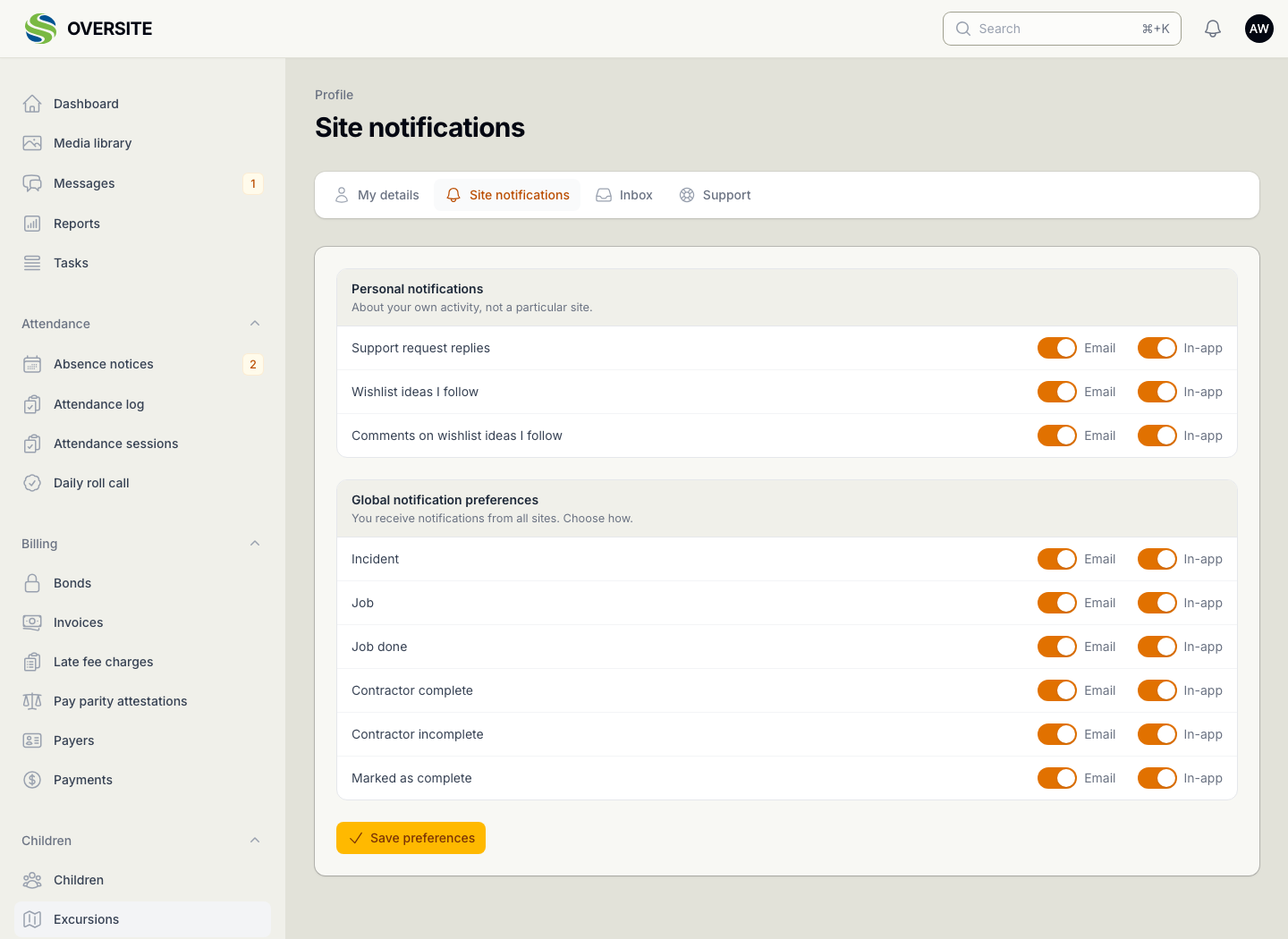 The Site notifications screen, where a person chooses which centres they want to hear about rather than receiving everything from everywhere.