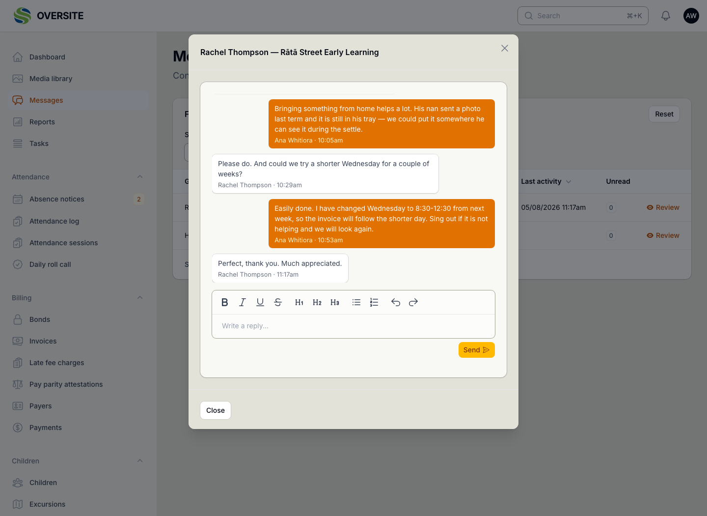 The message thread as your team sees it, opened from the Messages screen, with the guardian's name on their messages, your educator's name on yours, and a reply box beneath.