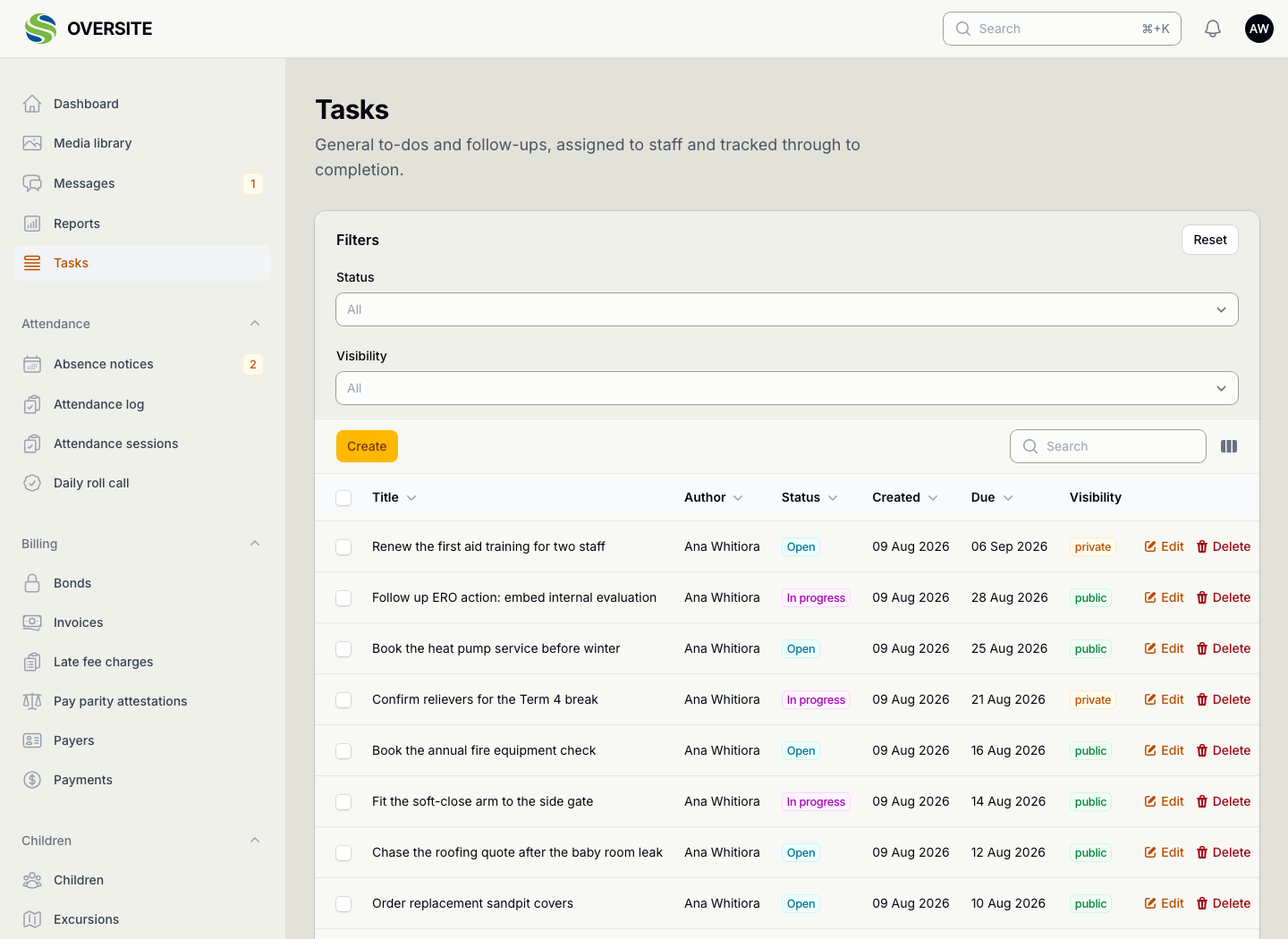 The Tasks screen listing nine work items, among them booking the annual fire equipment check, chasing a roofing quote and renewing first aid training, each with its author, status, created and due dates, and whether it is private or public.
