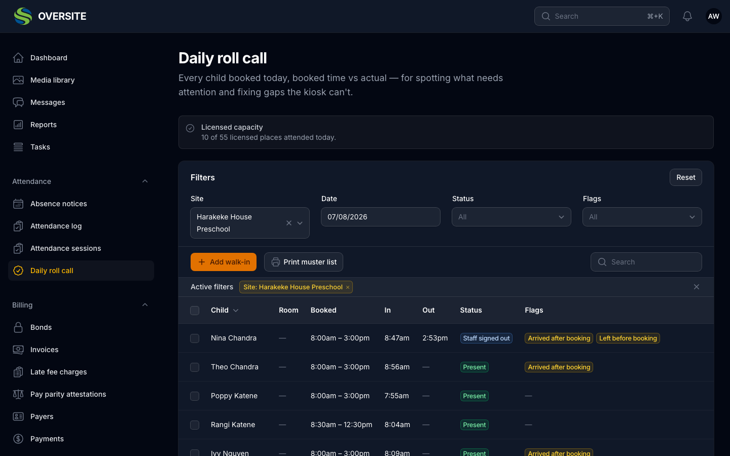 The same Daily roll call in dark mode, with identical content on a dark background.