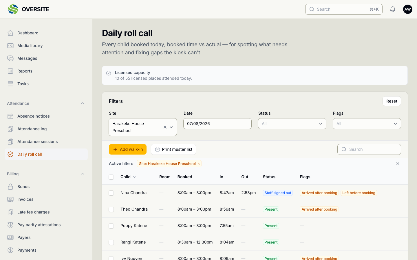 The Daily roll call in light mode, listing children booked today with their booked hours against actual sign-in times.