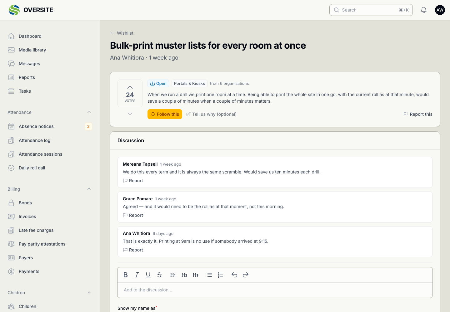 A single wishlist idea opened, showing 24 votes and the words from 6 organisations beside its status and category, with buttons to follow it, say why you voted, and a discussion thread beneath.