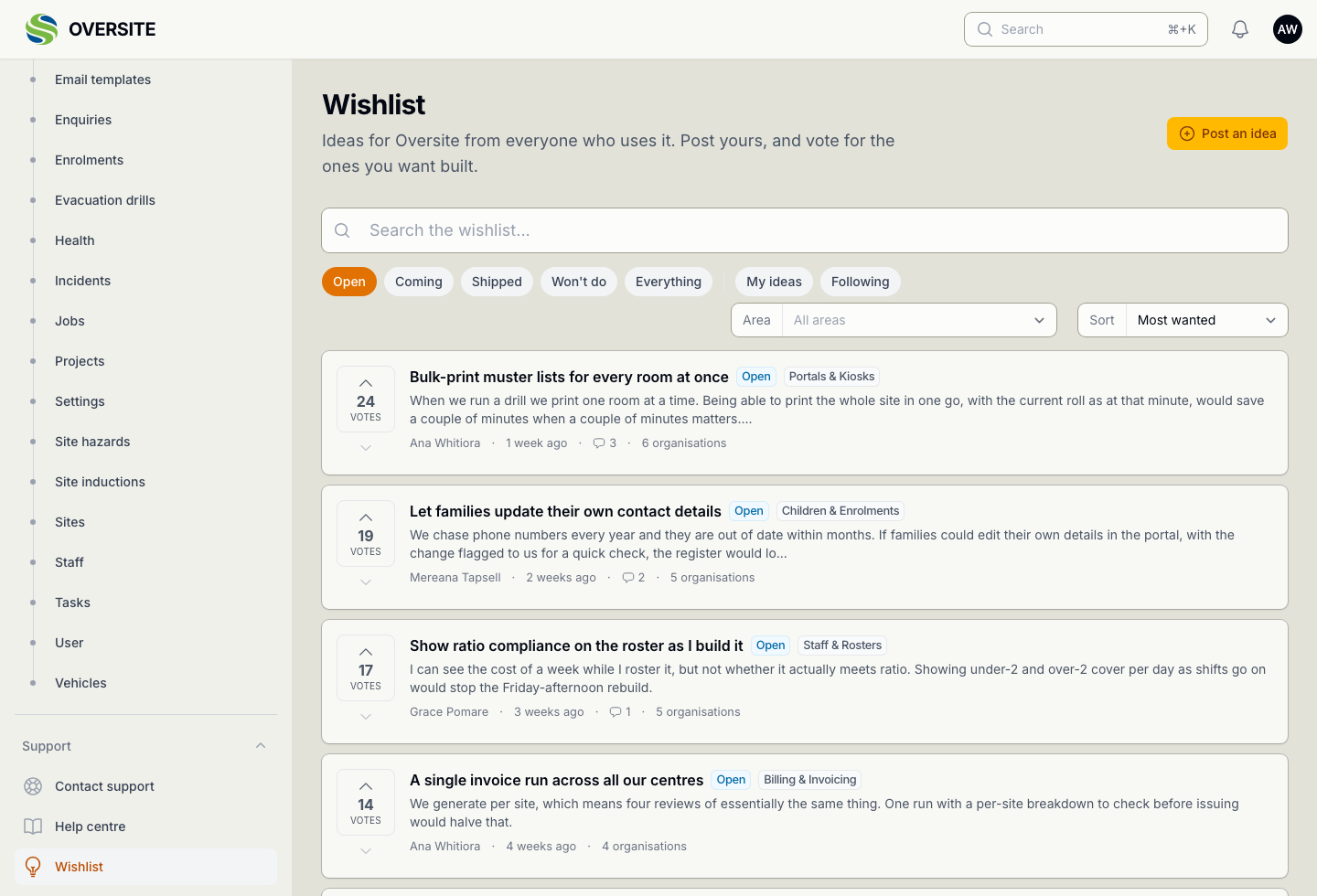 The Wishlist board showing ideas ordered by votes, among them bulk-printing muster lists, families updating their own contact details and ratio compliance shown while rostering, each with its vote count, category, comment count and how many organisations have backed it, filtered by Open, Coming, Shipped and Won't do.
